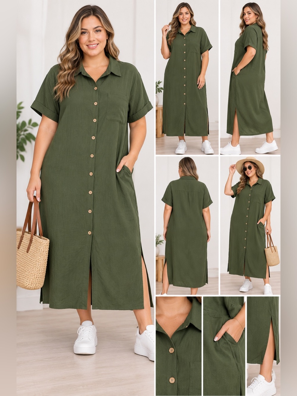Zeagoo Olive Green Plus Size XXL Button Front Maxi Shirt Dress NWT
